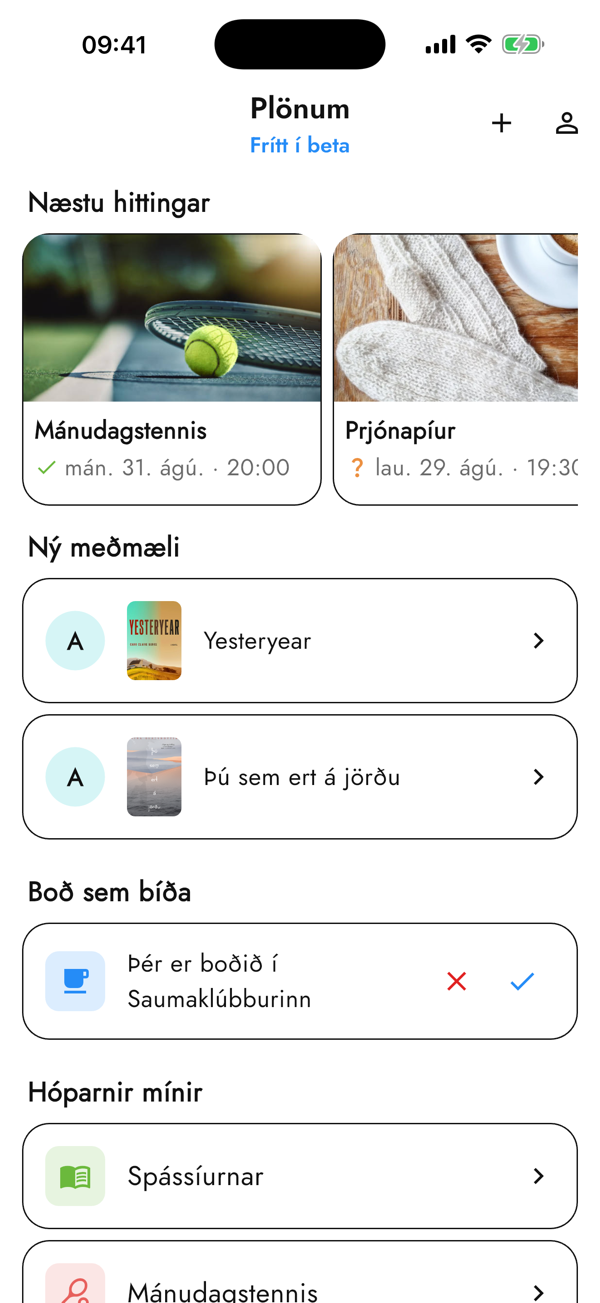 Plönum home screen: upcoming meetups and RSVPs