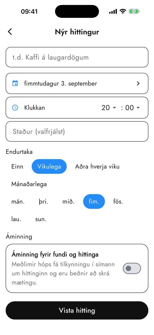 A new meetup in Plönum with repeat settings and a reminder
